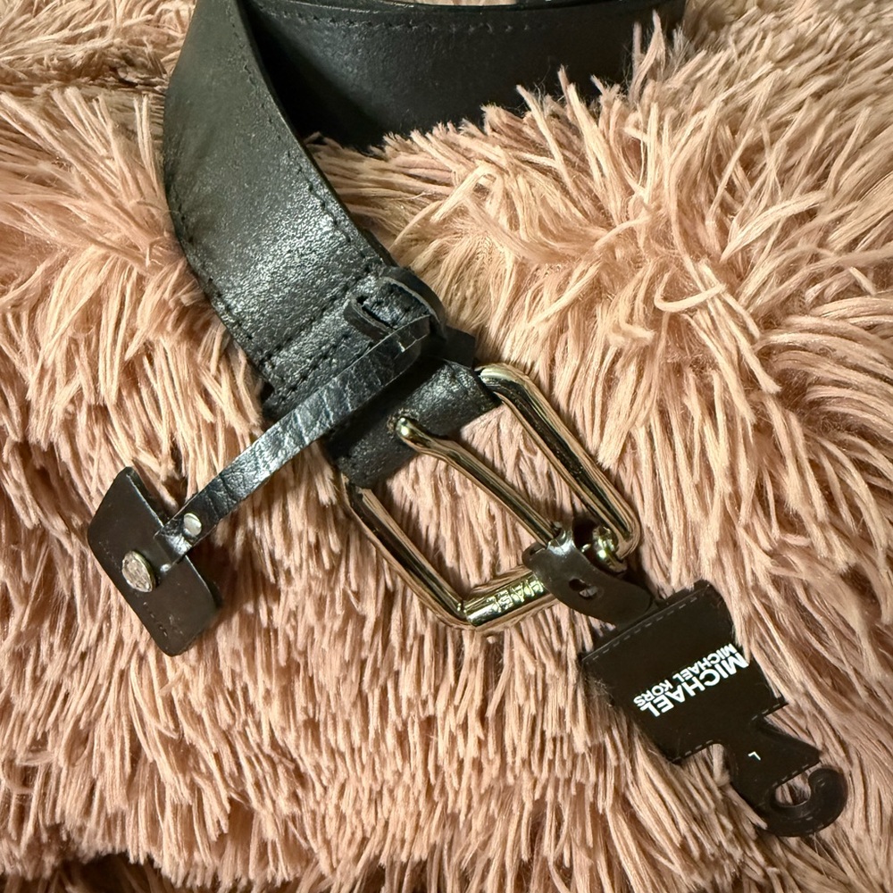 Michael Kors Black Leather Belt with Silver Accent